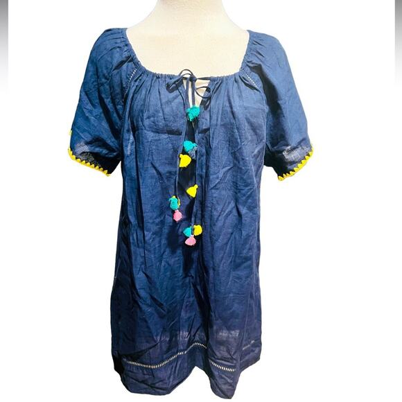 J. Crew Embroidered Linen Blend Cover Up Tunic with Pom Poms, Navy Blue Size M - Picture 8 of 8